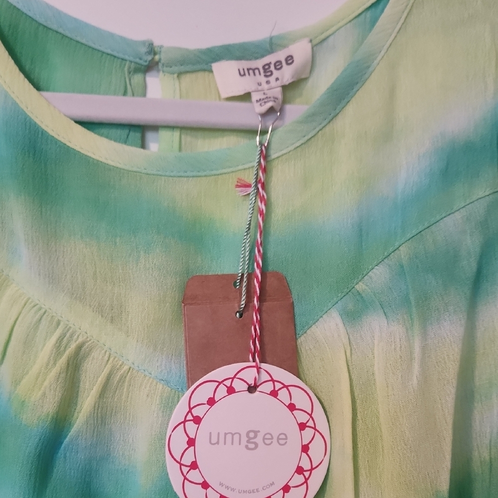 NWT- Womens Umgee Green and Yellow Tye Die Boxy Short Sleeve Blouse Size Large - Picture 3 of 6